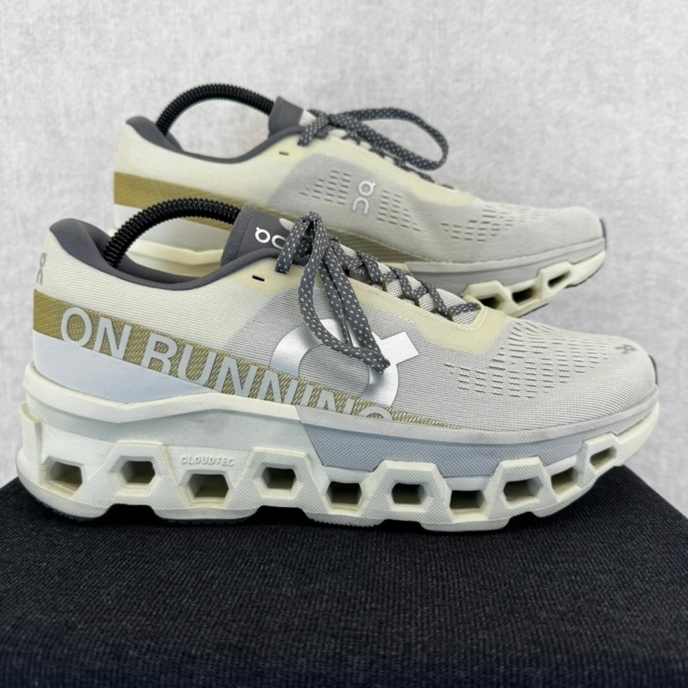 On Cloudmonster Women 11 Running Shoes Cream Olive Green CloudTec Helion